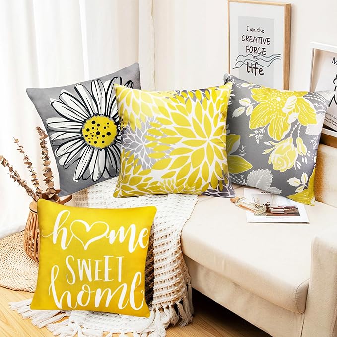 Yellow Pillow Covers 16x16 inch Set of 4 Decorative Throw Pillow Covers for Couch Sofa Outdoor Throw Pillow Cover Farmhouse Cushion Linen Pillow Case Living Room Home Boho Modern Decor