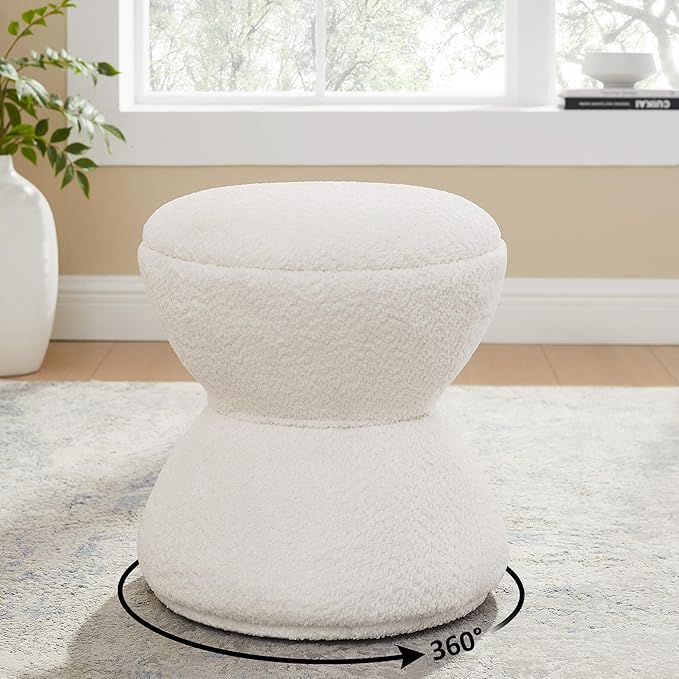 VANOMi Multi-Functional Boucle Ottoman, Vanity Stool Chair, Sturdy Rotating Wooden Footstool, Suitable for Living Room, Bedroom, and Entryway, Without Installation, Swivel, White