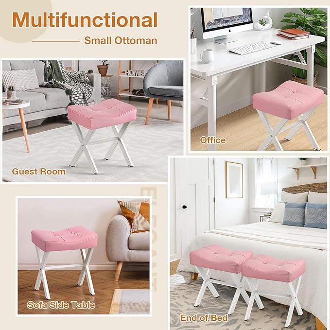 18-Inch Leather Vanity Stool Chair, Vanity Bench with Metal X-Leg, Ottoman Accent Stool with Thick Padded Saddle Seat, Pink