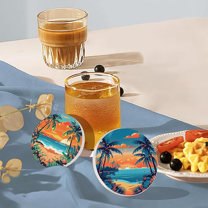 Drink Coasters Set of 6 with Holder, Palm Trees Beach Sunset Absorbent Ceramic Drink Coaster for Tabletop Protection,Suitable for Kinds of Cups,Drinks Coasters for Home Office Decoration(4 Inches)