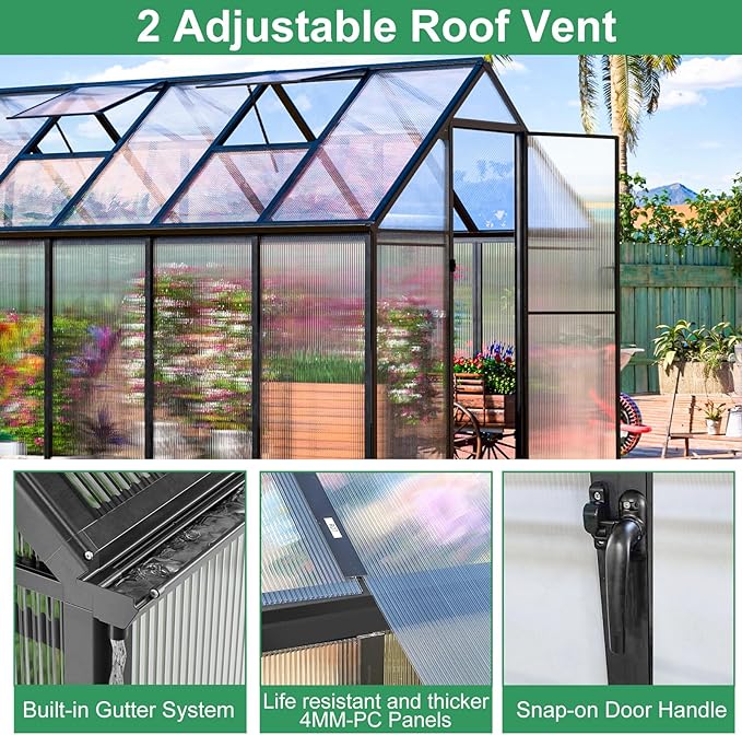 CDCASA 12x6x6 FT Greenhouse for Outdoors, Large Polycarbonate Greenhouse Aluminum Greenhouses w/Vent Window, Swing Door & Easy Assembly Walk-in Green House for Patio, Backyard, Garden, Black