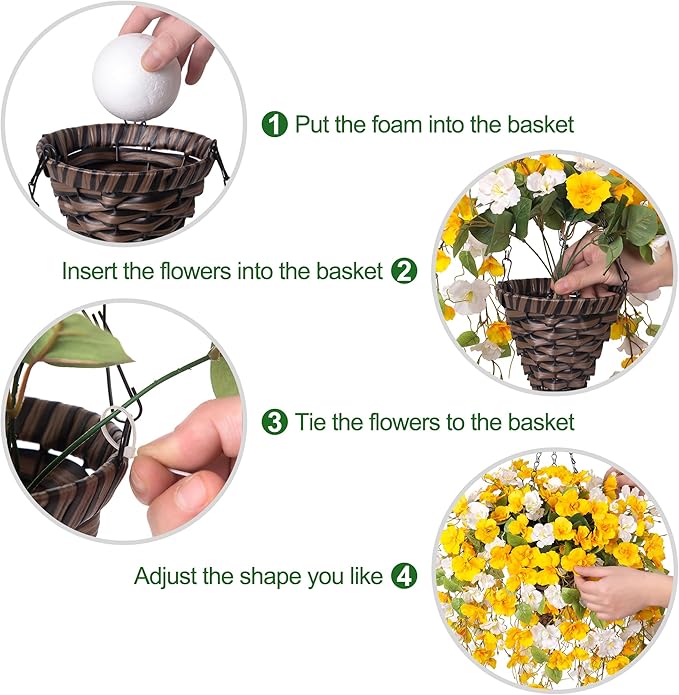 Artificial Fake Fall Hanging Flower Plants Basket for Outdoors Decoration, Faux Silk Hibiscus Long Vines in Planter UV Resistant Realistic Flowers for Outside Patio Porch Home Decor (YellowWhite)