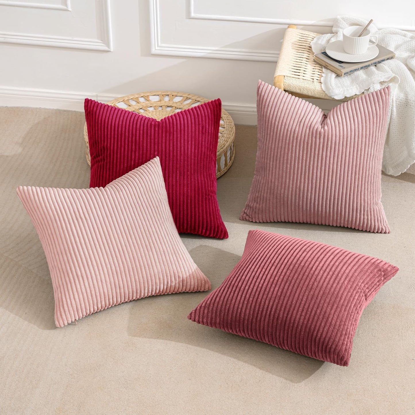 MIULEE Boho Farmhouse Christmas Throw Pillow Covers 18x18 Inch Set of 4 Romantic Decorative Cushion Covers Spring Corduroy Home Decor for Feminine Valentines Couch Bed Sofa Living Room Aesthetic Pink