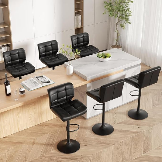 Modern Bar Stools Set of 6, Faux Leather Upholstered Swivel Bar Stools, Adjustable Counter Height Bar Chairs with High Back and Footrest for Kitchen Island (Black)