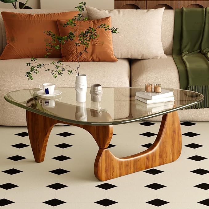 Coffee Table for Living Room Mid Century Modern Center Table with Glass Top, Walnut Transparent