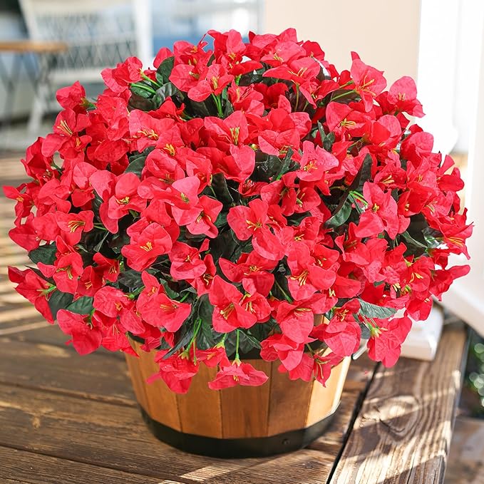 Ivydale Artificial Bougainvillea Flowers for Outdoors Decoration, 4 Bundles Fake Flower UV Resistant Realistic Silk Flowers for Outside, Faux Plants for Planter Patio Porch Window Home Decor (Red)