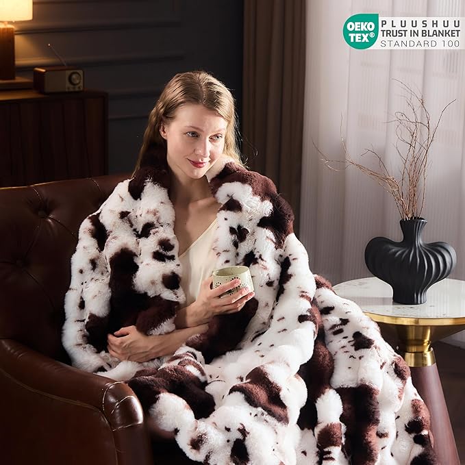 Faux Fur Throw Blanket for Couch, Fluffy Fuzzy Plush Bubble Blanket, Soft Warm Cozy Shaggy Rabbit Blanket, Luxury Decorative Gifts for Sofa Bedroom Living Room, 108x90inch (Cow Print-Brown)