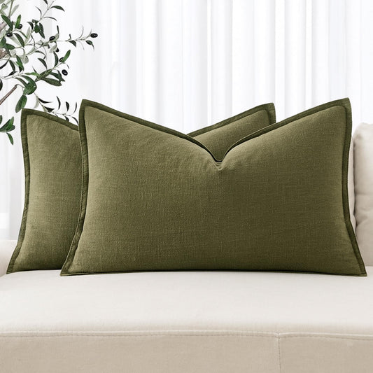 MIULEE Decorative Linen Pillow Covers 12x20 Inch Green Boho Farmhouse Neutral Couch Throw Pillows for Bed Pack of 2 Accent Outdoor Pillowcase Modern Sofa Cushion Livingroom Home Decor