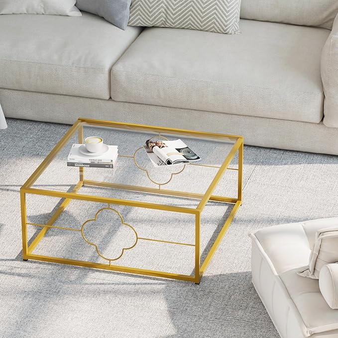 Coffee Table Modern Center Table,Glass Minimalist Square Coffee Table Tea Table for Living Room,Tempered Glass-top with Sturdy Metal Frame, Easy Assembly,26.4 x 26.4 x 15.7 Inches, Gold