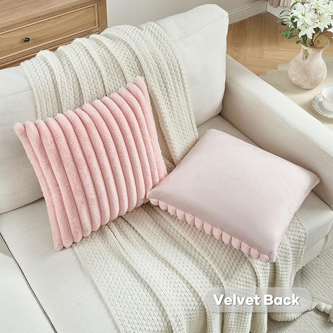 FUTEI Pink Striped Decorative Throw Pillow Covers 26x26 Inch Set of 2,Square Fall Decorations Couch Euro Pillow Shams,Soft Cozy Faux Rabbit Fur & Velvet Back,Modern Home Decor for Bed