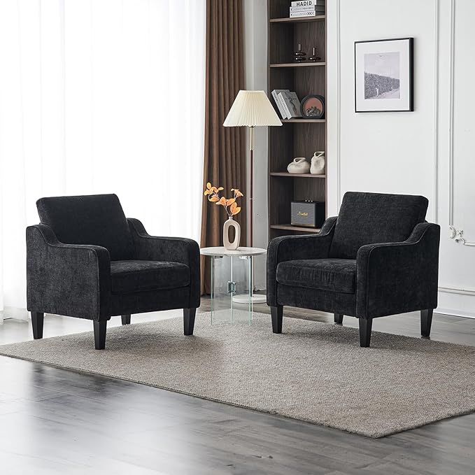 VINGLI Mid Century Modern Accent Chairs - Soft Chenille Upholstered Arm & Side Chairs for Living Room & Reading (Black Chenille)