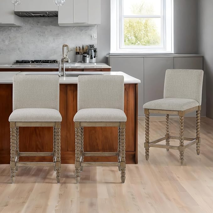DUHOME Spindle Counter Stools Set of 3 with Padded Spring Seat,Wooden Bar Stools Farmhouse 26 Inch Counter Height Stools Chairs with Spindle Back for Kitchen Island
