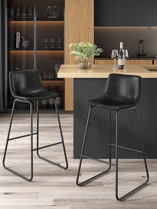 Bar Stools Set of 2, 30 Inches Counter Height Bar Stools with Back, Modern Faux Leather Barstools with Metal Legs and Footrest, Bar Chairs for Kitchens Island (Black)