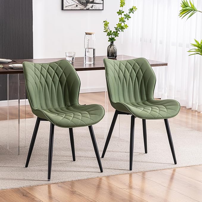 YOUNIKE Dining Chairs Set of 2, Upholstered Faux Leather Kitchen Dining Room Chairs, Modern Living Room Bedroom Side Chairs with Wide Curved Back and Metal Legs, Olive Green