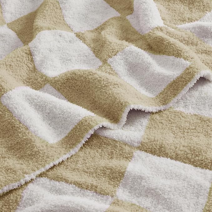 JOOJA Soft Cozy Checkerboard Beige Blanket Fluffy Knit Throw Blanket for Couch Plaid Checkered Beige 60x80 in