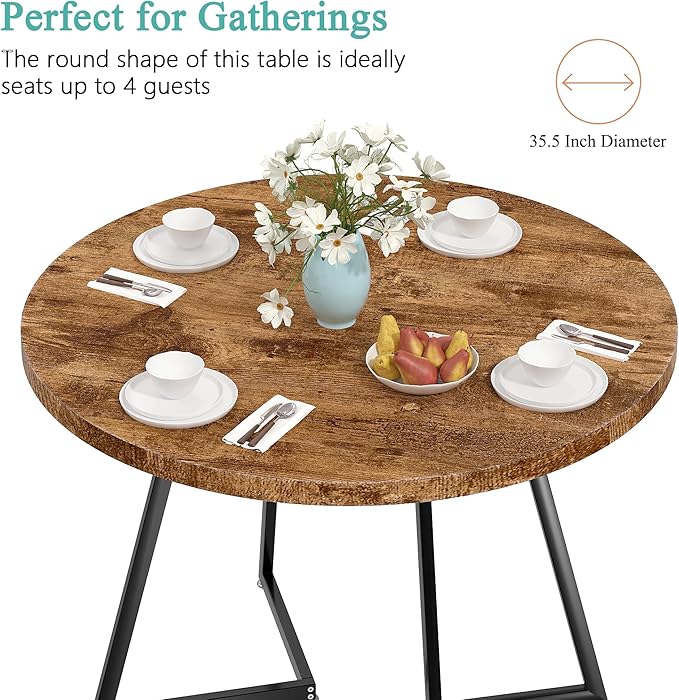 VECELO 35" Round Dining Table for 4, Wood-Grain Tabletop & Heavy-Duty Steel Frame, for Kitchen, Living Room, Easy Assembly, Antique Brown