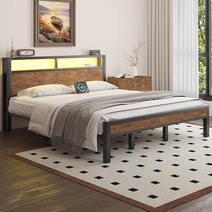 King Size Platform Bed with 2-Tier Storage Headboard, Metal Bed Frame with Charging Station & LED Light, Heavy Duty Metal Slats, No Box Spring Need, Noise Free, Rustic Brown