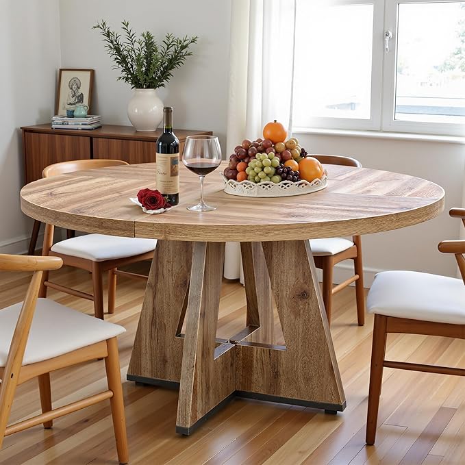 NicBex 47 Inch Round Dining Table, Wooden Dinner Table for 4, Small Farmhouse Kitchen Tables with Cross Base for Dining Room, Kitchen, Living Room, Light Brown