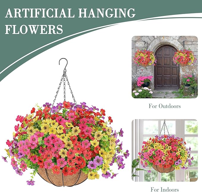 Artificial Flowers Hanging Plants in Basket,Artificial Hanging Flowers for Outdoor Indoor Decor,UV Resistant Hanging Baskets with Fake Flowers for Patio Garden Porch Deck Decoration