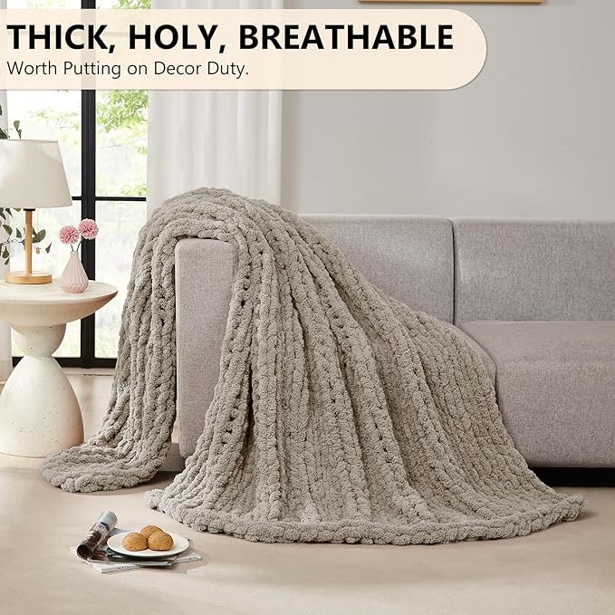 L'AGRATY Chunky Knit Blanket Throw: 50''x60'' Chenille Chunky Knitted Throw Blanket for Bed Couch - Handmade Thick Big Cable Knit Blanket - Large Crochet Rope Blanket for Home Decor(Light Linen)