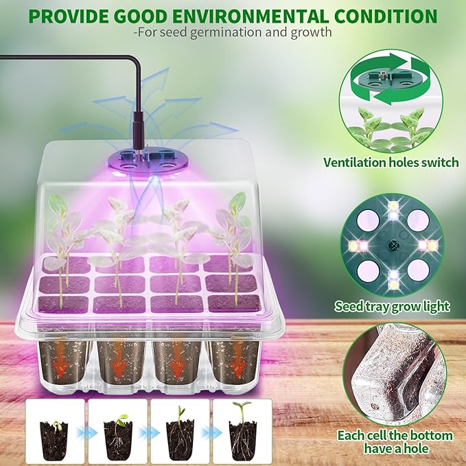 Seed Starter Tray with Plant Light, 2 Pack Grow Lights for Seed Starting Kit with Humidity Domes, Timing Controller Adjustable Brightness for Greenhouse Propagator Station Growing Transparent