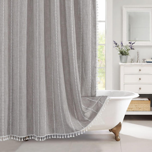 MitoVilla Boho Extra Long Shower Curtain 72 x 84, 84 inch XL Cotton Linen Tassel Fabric Shower Curtains for Vintage Country Farmhouse Bathroom Decor, Thick & Wrinkle Resistant, Brown Grey
