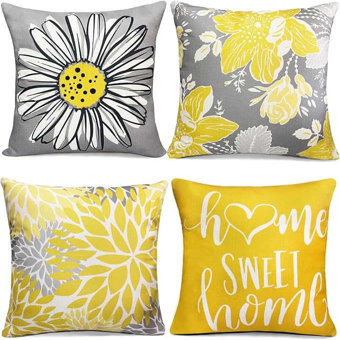 Yellow Linen Decorative Throw Pillow Covers 18x18 Pillow Cover Set of 4,Farmhouse Outdoor Pillow Covers, Throw Pillows Couch Pillow Covers for Sofa,Square Pillowcase Covers Home Decor