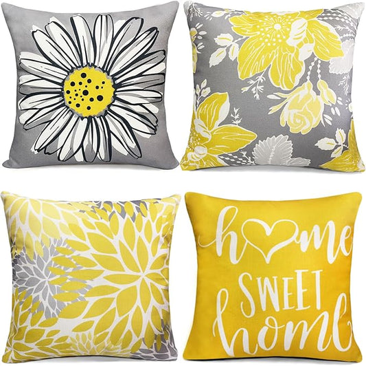 Decorative Throw Pillow Covers Set of 4 Yellow Pillow Covers 20x20 inch Throw Pillow Cases Linen Square Pillow Case,Farmhouse Outdoor Modern Pillow Covers for Couch Sofa Living Room