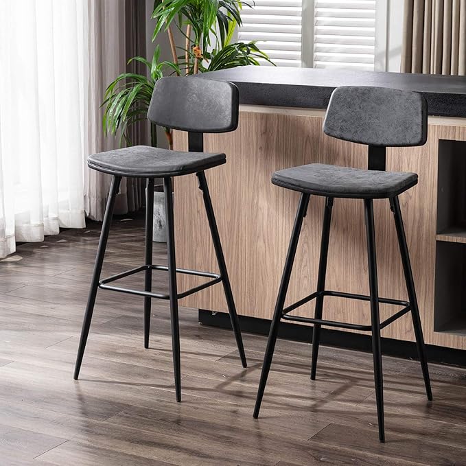 Modern Bar Stools 29 Inch Counter/Bar Height Barstools Set of 2 Leather Upholstered Barstool Chairs with Low Back for Kitchen Island, Dining Table & Breakfast Bar, Black