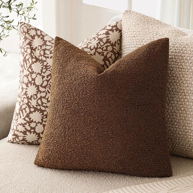 Foindtower Pack of 2, Decorative Textured Boucle Throw Pillow Covers Neutral Accent Solid Pillow Cases Cozy Soft Couch Cushion Case for Chair Sofa Bedroom Living Room Home Decor 22x22 Inch Hazel Brown