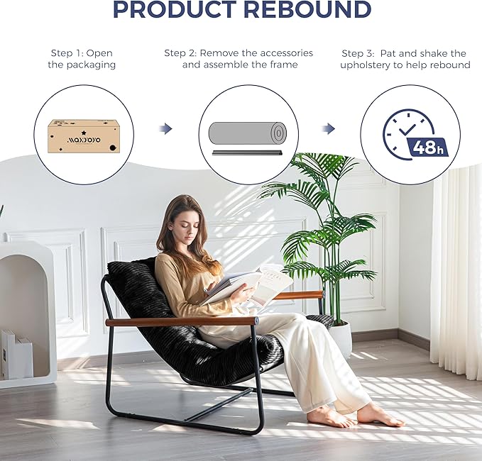 MAXYOYO Modern Accent Chair, Comfy Living Room Chair with Metal Frame Wooden Armrest, Upholstered Armchair with Soft Cushion for Bedroom Balcony Lounge Reading Room, Black