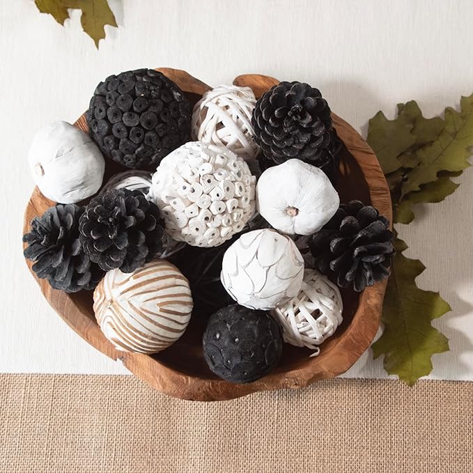 Natural Tones Vase & Bowl Mini Pumpkins Pinecone Fillers Decorative Balls | Home Decor (Black & White)