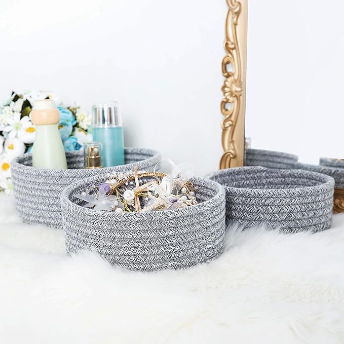 MINTWOOD Design Set of 3 Cotton Rope Nesting Bowls, Small Catch All Basket, Cute Closet Baskets and Bins for Shelves, Mini Table Basket Organizer for Small Accessories, Light Gray Mix