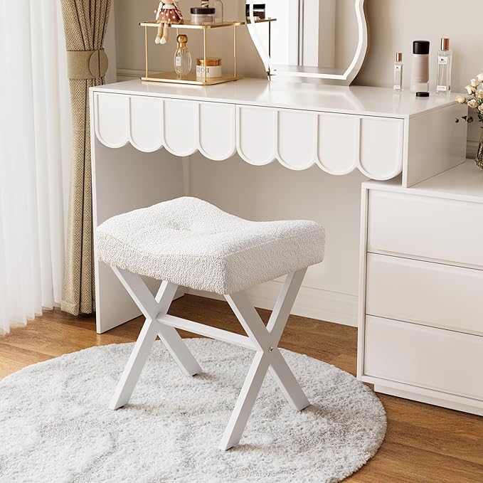 18-Inch Vanity Stool Chair, Vanity Bench with Metal X-Legs, Ottoman Accent Stool with Breathable and Soft Boucle Fabric Saddle Seat, White