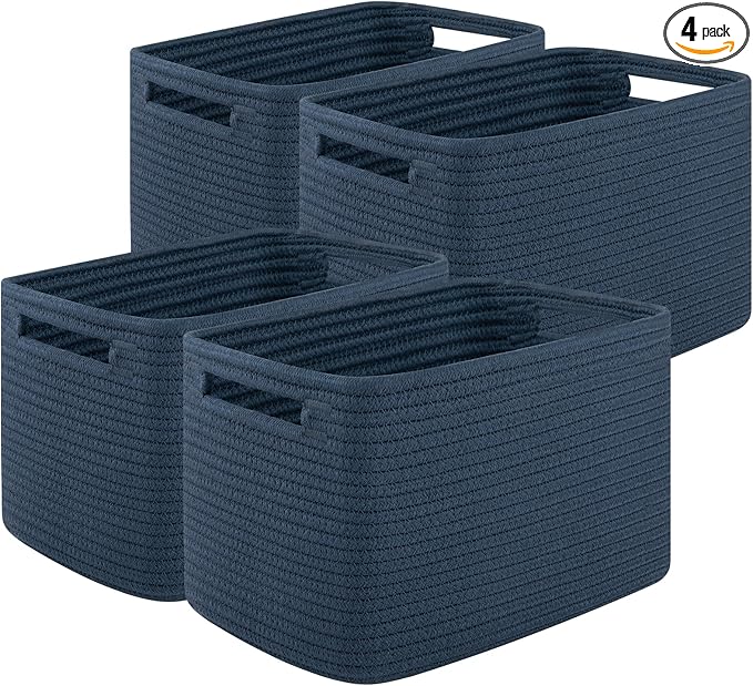 Storage Baskets for Organizing, Woven Decorative Baskets for Shelves - Books, Towels, and Clothes, Cotton Rope Toy Storage Bins, 12.7''Lx9''Wx7.8''H, Pack of 4, Blue