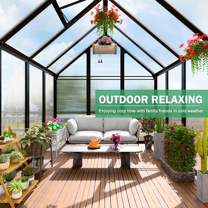 JULY'S SONG 10x12 FT Greenhouse for Outdoor, Large Easy Assembly Heavy Duty Polycarbonate Panels Aluminum Frame Walk-in Green House with 2 Windows Wider Door for Garden Plants Outside
