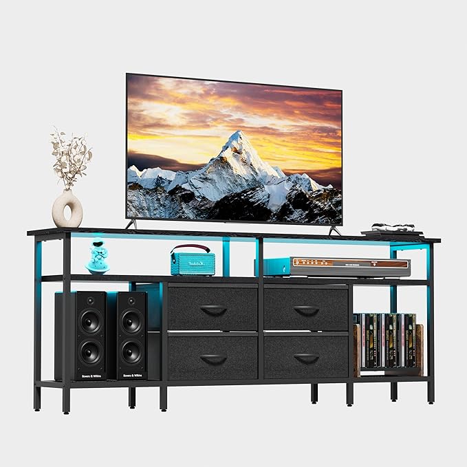 JUSTOGO TV Stand for 55/60/65/70 Inch TV, Modern Entertainment Center with LED Lights and Power Outlets, TV Stand with Drawers and Shelves, Media Console with Storage for Living Room Bedroom, Black