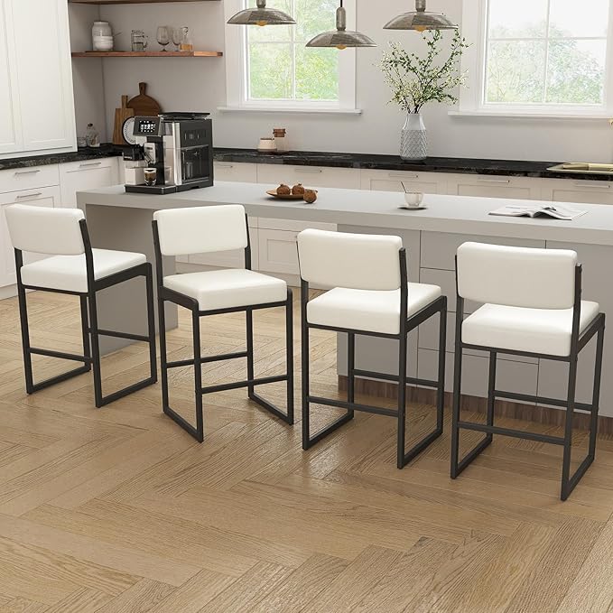 Mid Century Modern Counter Height Bar Stools Set of 3, 26" Bar Height Chairs with Backs, Upholstered Counter Stools, Metal Barstools for Kitchen Island (White- Faux Leather, 26"H - Set of 4)