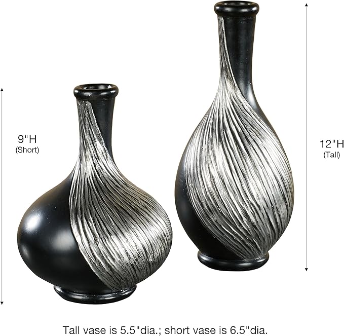 Textured Swirl Silver Black Decorative Modern Table Vases Set of 2