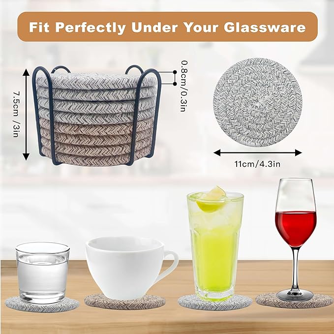 8 Pcs Drink Coasters with Holder, Coasters for Coffee Table, Absorbent Coaster Set for Living Room Decor Tabletop Protection, Coaster Set 4 - Color Cup (Gray & Brown)