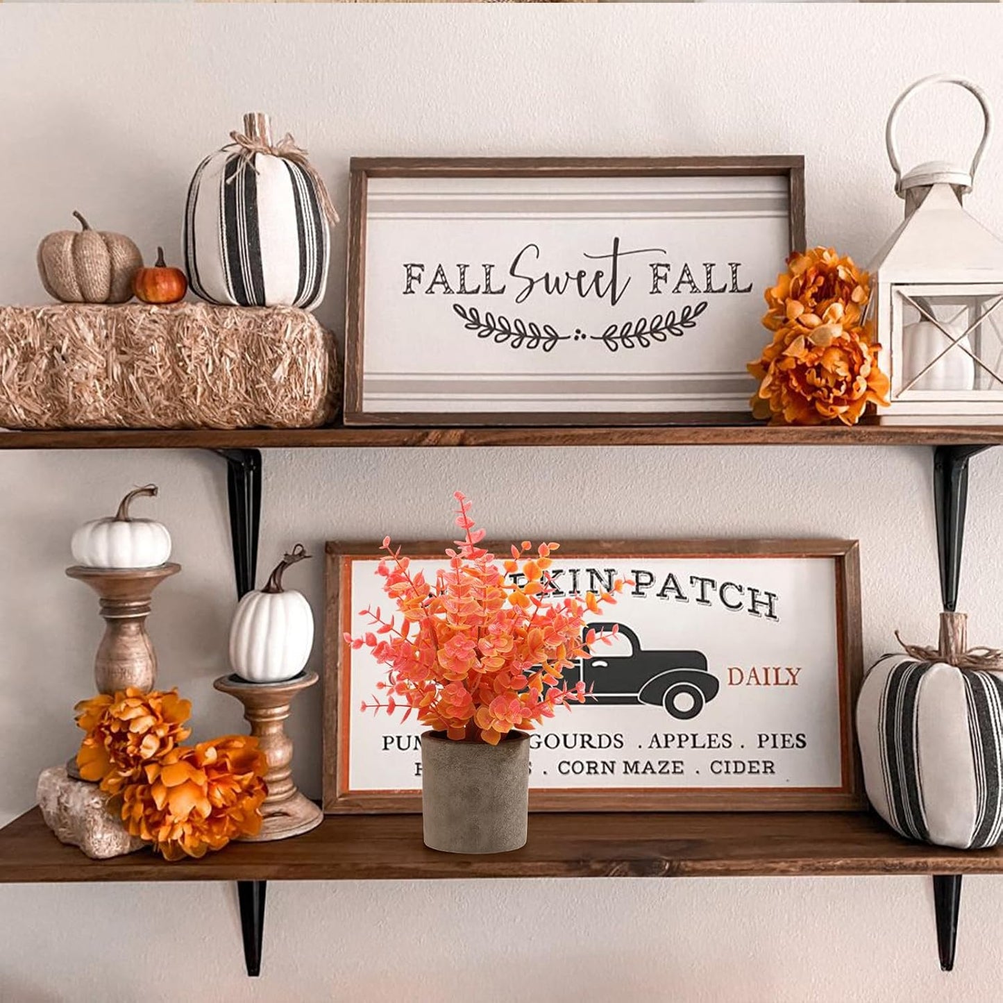 2 Pack Fall Small Fake Plants Eucalyptus Potted Artificial Plants Fall Decorations for Home Shelf Office Bathroom Desk Farmhouse Room Coffee Table Decor Fall Decor (Fall Orange)