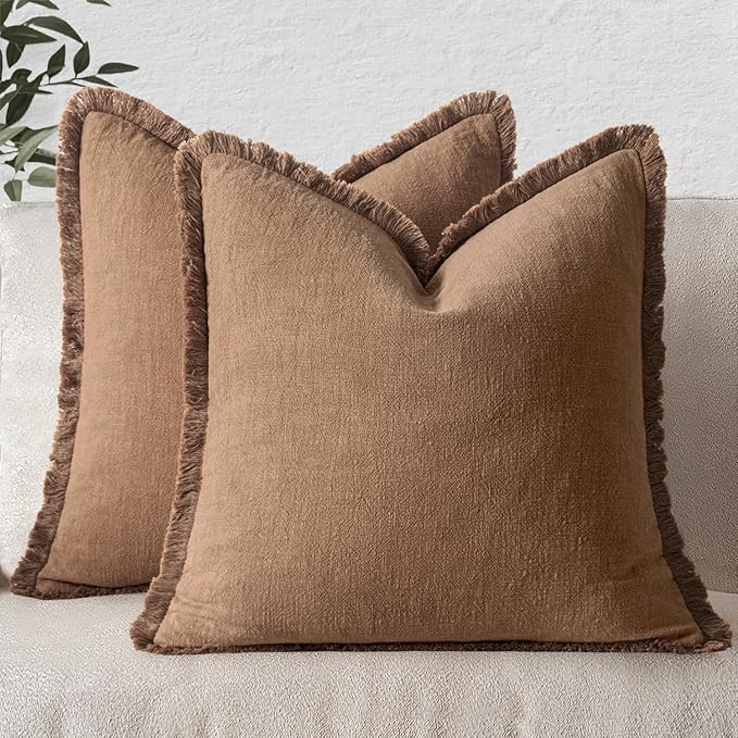 MIULEE Decorative Throw Pillow Covers Neutral Linen Fringe Throw Pillows Set of 2 Brown Boho Farmhouse Cushion Covers with Tassels for Couch Sofa Bed Living Room Spring Home Decor 20x20 Inch