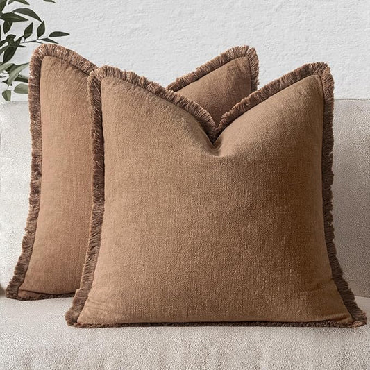 MIULEE Decorative Throw Pillow Covers Neutral Linen Fringe Throw Pillows Set of 2 Brown Boho Farmhouse Cushion Covers with Tassels for Couch Sofa Bed Living Room Spring Home Decor 20x20 Inch