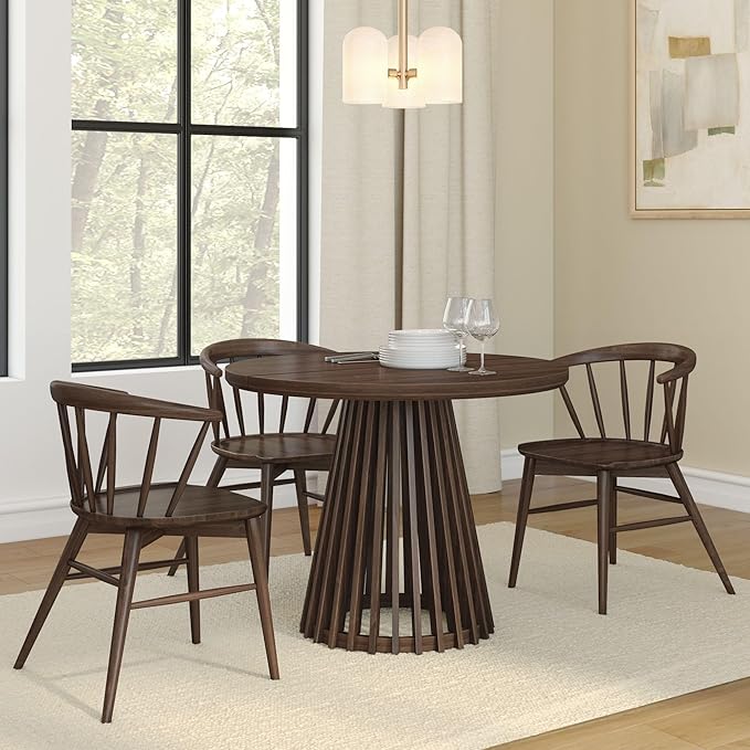 Plank+Beam Lido Round Dining Table, 38", Wooden, Pedestal, Minimalist Kitchen Table for 4 for Dining Room, Walnut