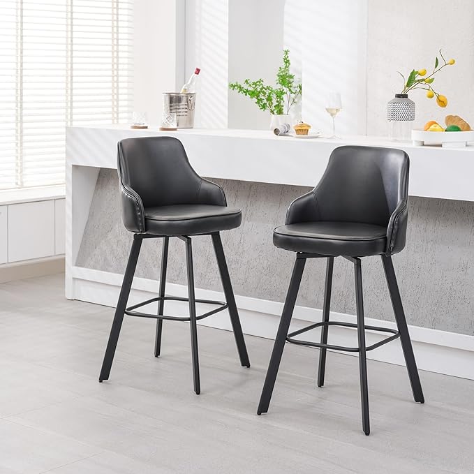 Bar Stools Set of 2, 30" Swivel Bar Height Bar Stools with High Back, Faux Leather Kitchen Bar Chairs for Kitchen Island (Black, 2PCS 30" Bar Stools)