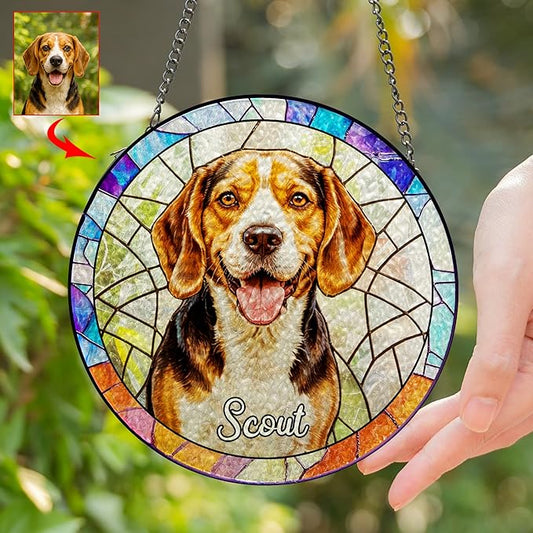 Custom Photo Pet Portrait Stained Glass Suncatcher Personalized Name Pet Image Memorial Ornament Window Hanging Sympathy, Pet Memorial Gift, Gift for Loss of Pet Dog Cat Window Hangings