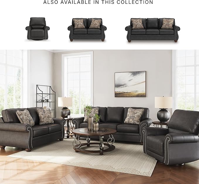 Signature Design by Ashley Chatterton Classic Faux Leather Manual Rocker Swivel Glider Recliner with Nailhead Trim, Black