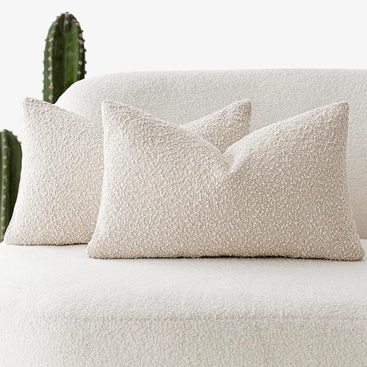 Foindtower Pack of 2 Textured Boucle Throw Pillow Covers Accent Solid Lumbar Pillow Cases Cozy Soft Decorative Couch Cushion Case for Chair Sofa Bedroom Living Room Home Decor, 12 x 20 Inch,Beige