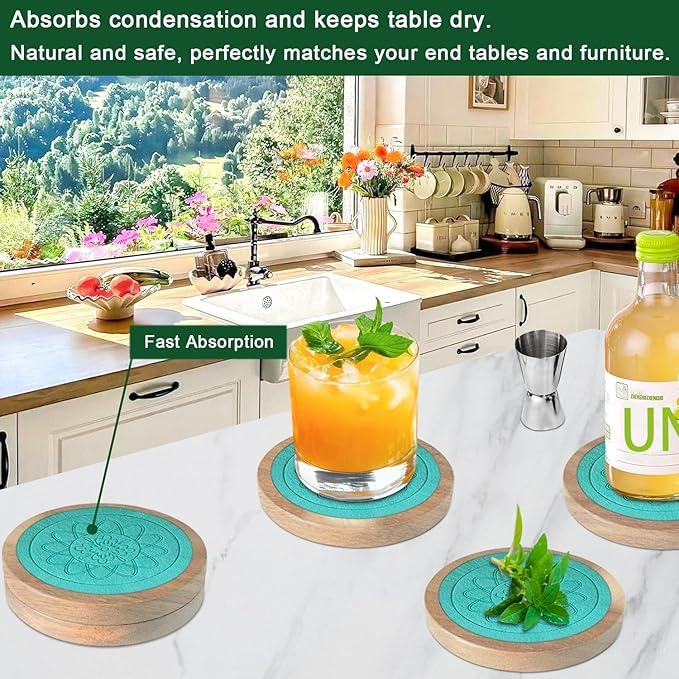 Wood Coasters for Drinks, Minacun Absorbent Coaster Sets of 5, Drinks Coasters for Coffee Tabletop Protection, Non-Slip, Non-Stick, Suitable for Kinds of Cups Wooden Table Drink, 4.3 Inches Lake Blue