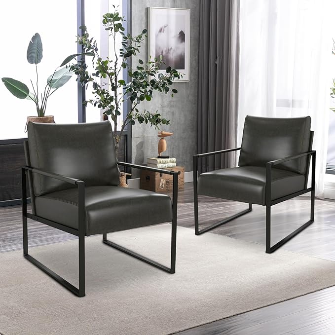 Phoenix Home PU Leather Accent Chair Set of 2, Leisure Metal Framed Armchair with Extra Soft Padded and Cushion, 105 Degree Slant Back, Modern Reading Arm Chair for Living Room/Office/Bedroom, Black